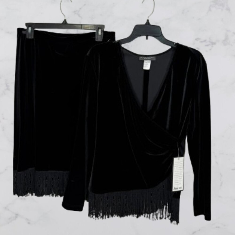 KM Collection by Milla Bell NEW Velvet Set (Fringe WrapTop+ Skirt) Size L Black